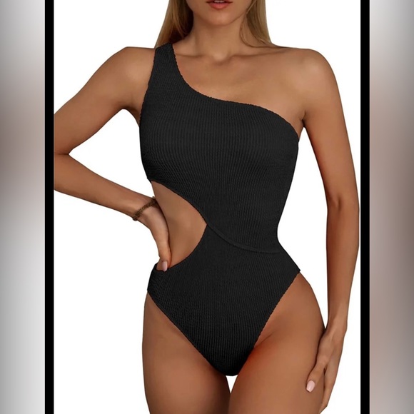 Black Cutout One Piece Swimsuit One Shoulder Waffle-Knit Swimwear SIZE XL - Picture 5 of 5